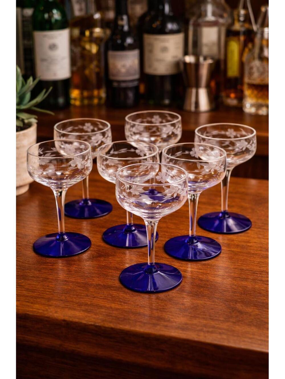 Vintage MCM Set 7 Etched Coupe Glasses Cobalt Blue Stem Floral Barware